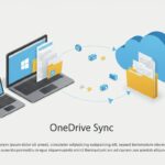 左側に2台のノートパソコンとフォルダマークの間に矢印の円が絵が画れており、右側に雲マークとフォルダマークが絵が画れており、中央下部にOneDrive Syncと書かれている